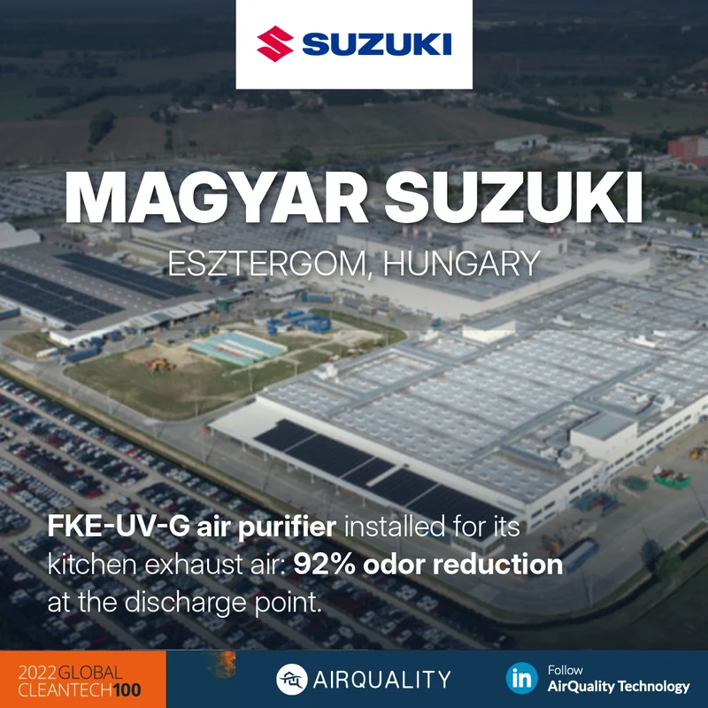 Magyar Suzuki, Esztergom: FKE-UV-G levegőtisztító az üzemi konyha elszívott levegőjére, 92%-os szagcsökkenés a kidobási ponton
